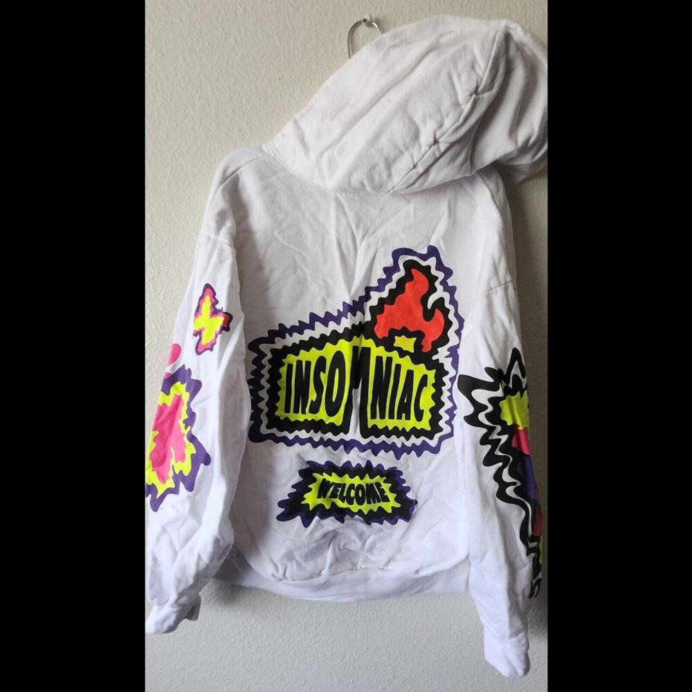Festive White Zip-Up Hoodie in Medium Graphic Print